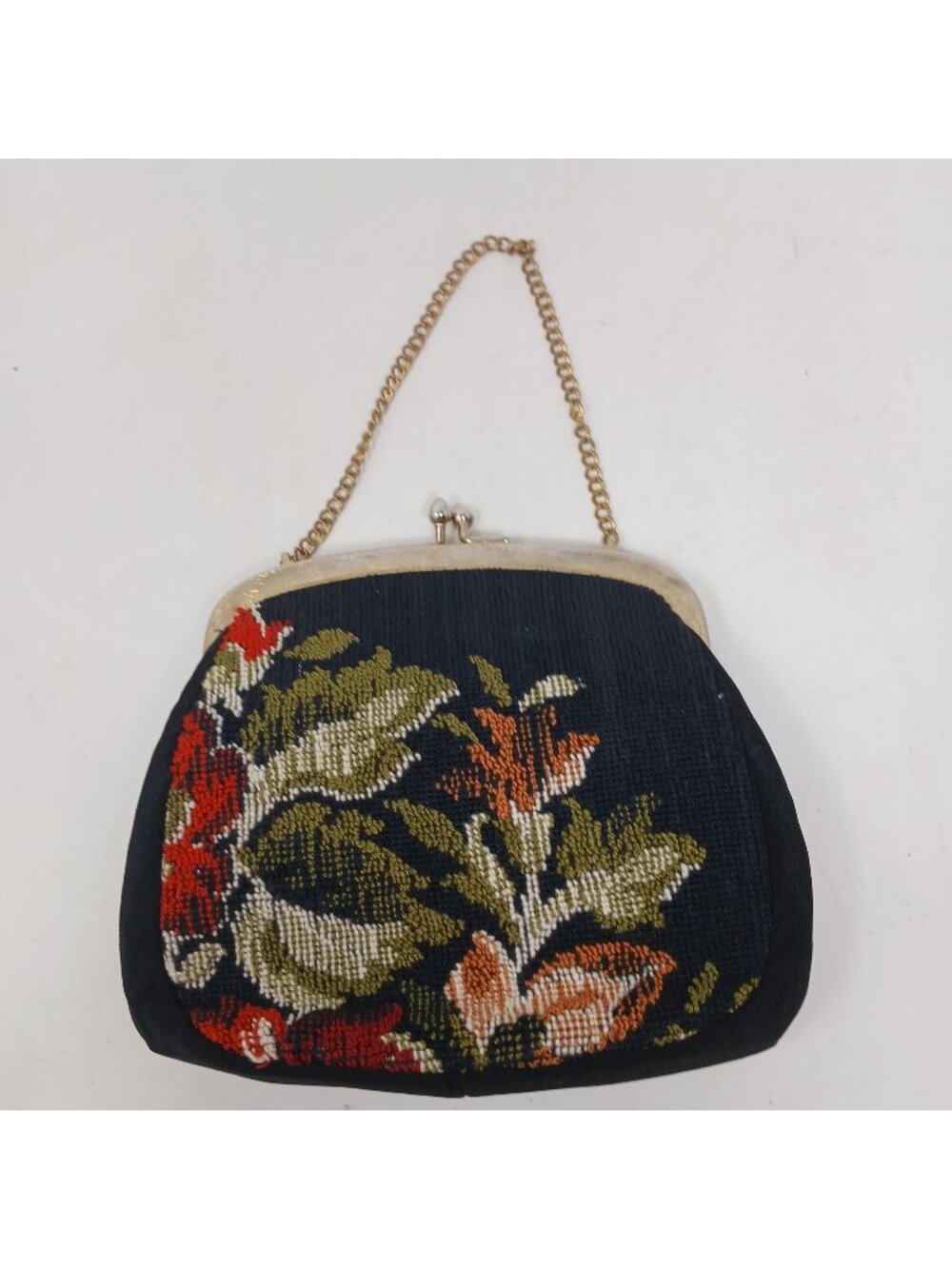Vintage Floral Tapestry Purse Bag Gold Chain Strap & Satin Interior 1950s #D-25